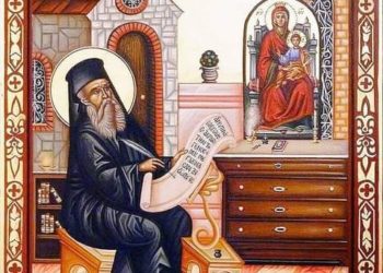 أيقونة للقديس نكتاريوس يكتب نشيد “عذراء يا أم الإله ” – الايقونة وشرحها